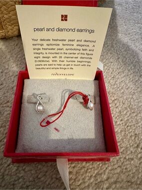 Red Envelope Silver Teardrop Pearl and Diamond Earrings with Box
